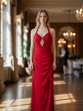 Red Halter Evening Gown with Rhinestone Beaded Accent